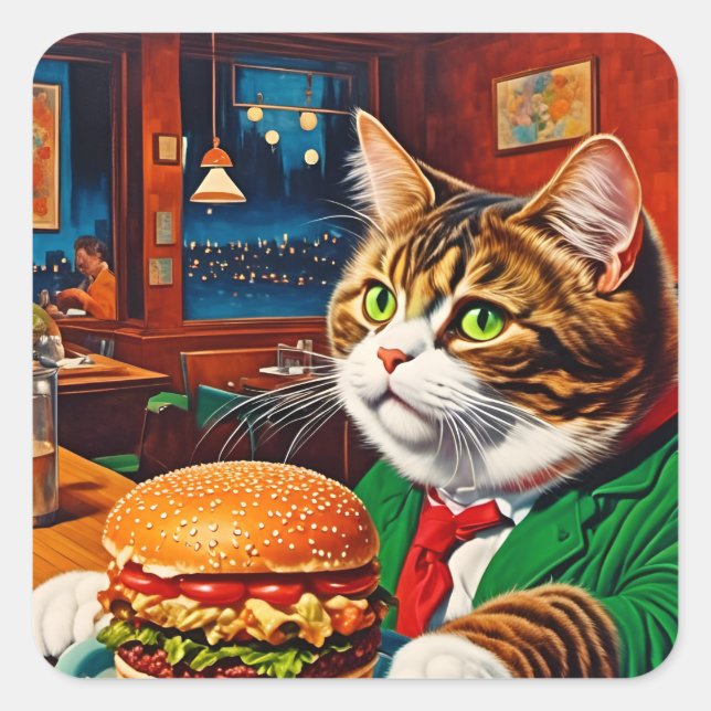 Adorable Cat at a Vintage Diner Cheeseburger Square Sticker (Front)