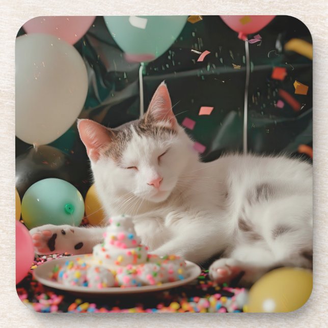 Adorable Cat Birthday Celebration Design Beverage Coaster (Front)