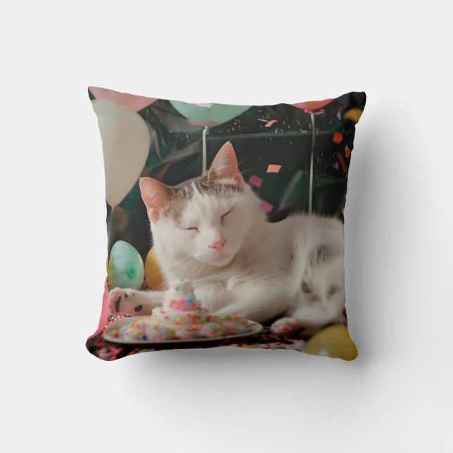 Adorable Cat Birthday Celebration Design Throw Pillow (Front)