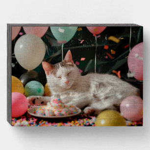 Adorable Cat Birthday Celebration Design Wooden Box Sign