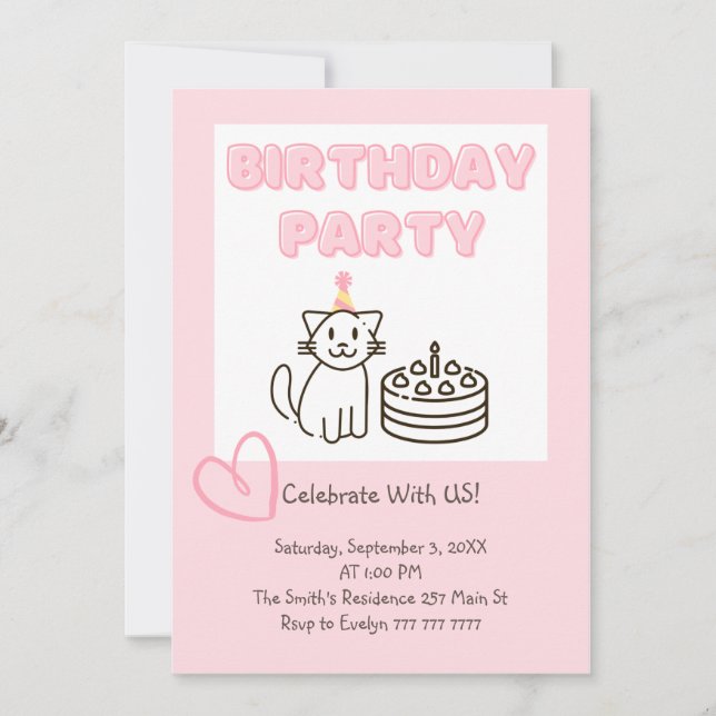 Adorable Cat&Cake Birthday Invitation  (Front)