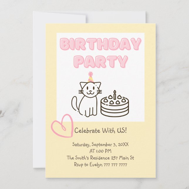 Adorable Cat&Cake Birthday Invitation  (Front)