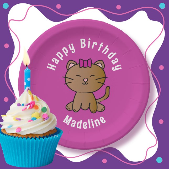 Adorable Cat Cartoon Personalized Funny Birthday Paper Plates (Creator Uploaded)
