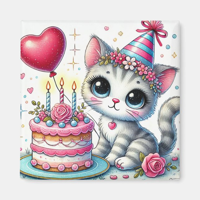 Adorable Cat Celebrating Birthday with Cake Magnet (Front)