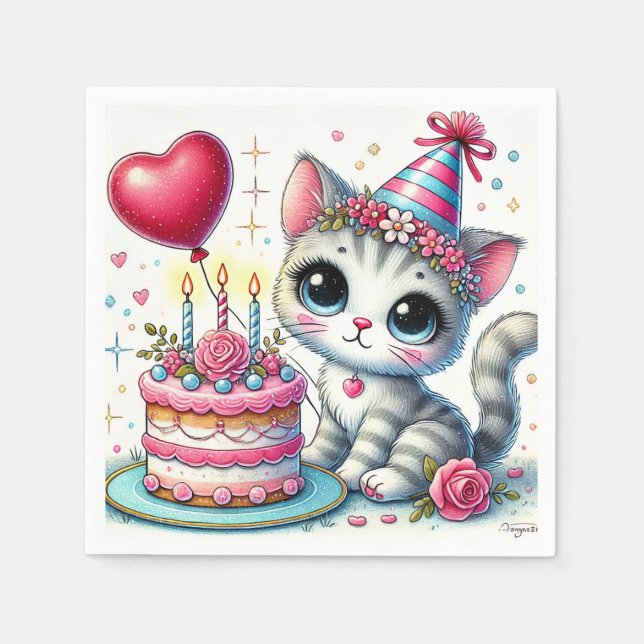 Adorable Cat Celebrating Birthday with Cake Napkins (Front)