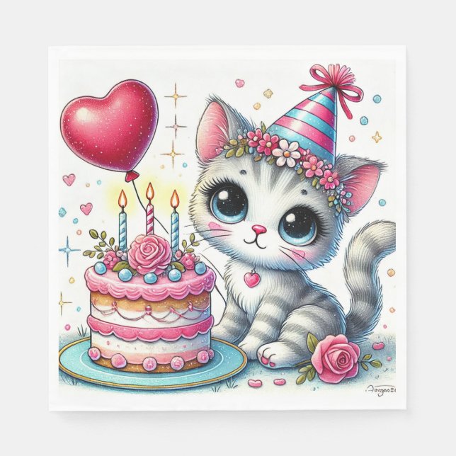 Adorable Cat Celebrating Birthday with Cake Napkins (Front)