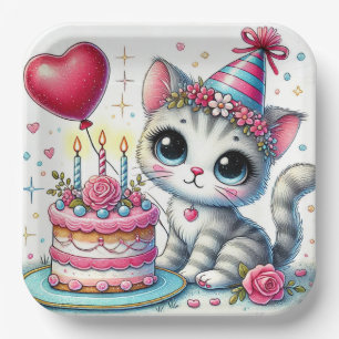 Adorable Cat Celebrating Birthday with Cake Paper Plates