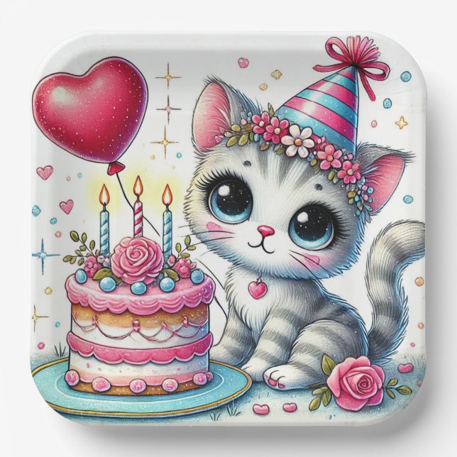 Adorable Cat Celebrating Birthday with Cake Paper Plates (Front)