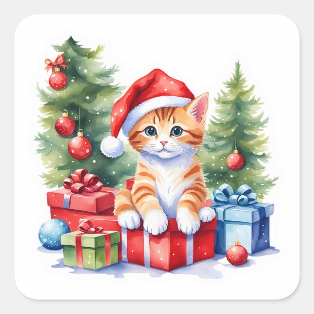 Adorable Cat Christmas Sticker – Kitty by the Tree (Front)