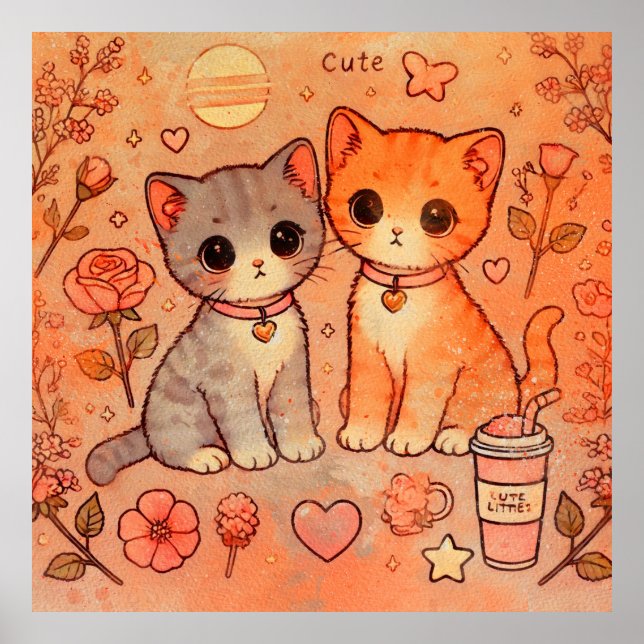 Adorable Cat couple aesthetic decorative painting Poster (Front)