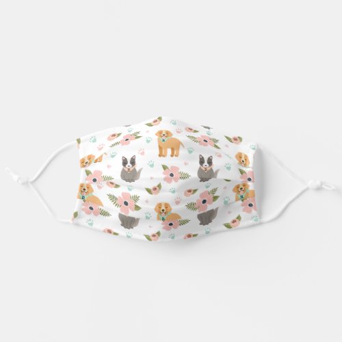 Adorable Cat  Dog Floral Paw Print Pattern White Adult Cloth Face Mask