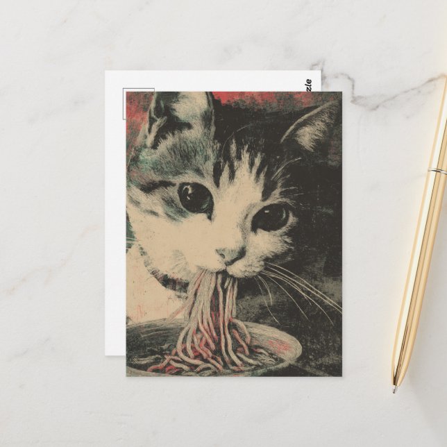 Adorable Cat Eating Noodles Postcard (Front/Back In Situ)