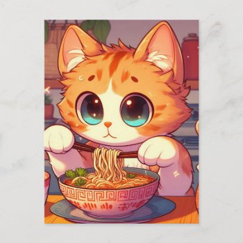 Adorable Cat Eating Ramen Noodles Postcard by angelandspot at Zazzle