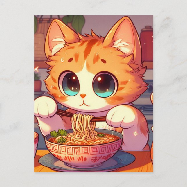Adorable Cat Eating Ramen Noodles Postcard (Front)