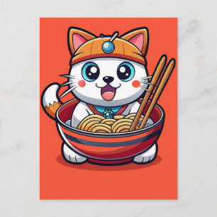 Adorable Cat Enjoying Savory Ramen Noodles Feast Holiday Postcard