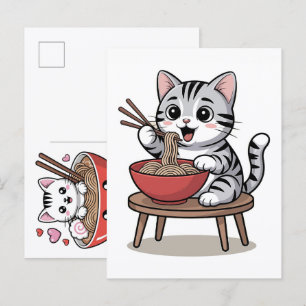Adorable Cat Enjoying Savory Ramen Noodles Feast Holiday Postcard