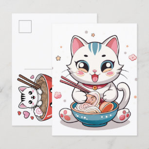 Adorable Cat Enjoying Savory Ramen Noodles Feast Holiday Postcard