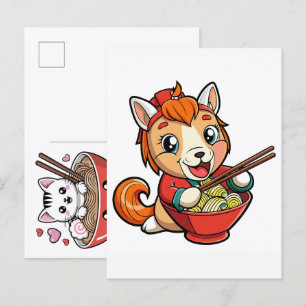 Adorable Cat Enjoying Savory Ramen Noodles Feast Holiday Postcard