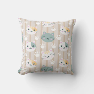 Adorable Cat Faces and Paw Prints Throw Pillow