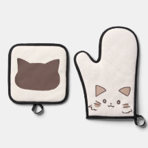 Adorable Cat Hand-Drawn  Mitt and Pot Holders