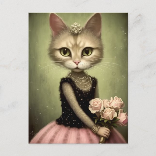 Adorable Cat Holds Pink Roses Postcard (Front)