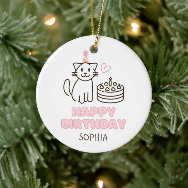 Adorable Cat in a Birthday Hat  Ceramic Ornament (Tree)