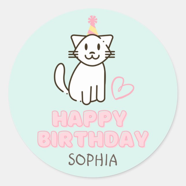 Adorable Cat in a Birthday Hat  Classic Round Sticker (Front)