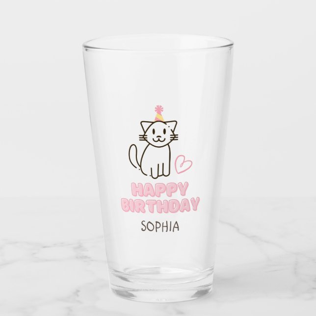 Adorable Cat in a Birthday Hat  Glass (Front)