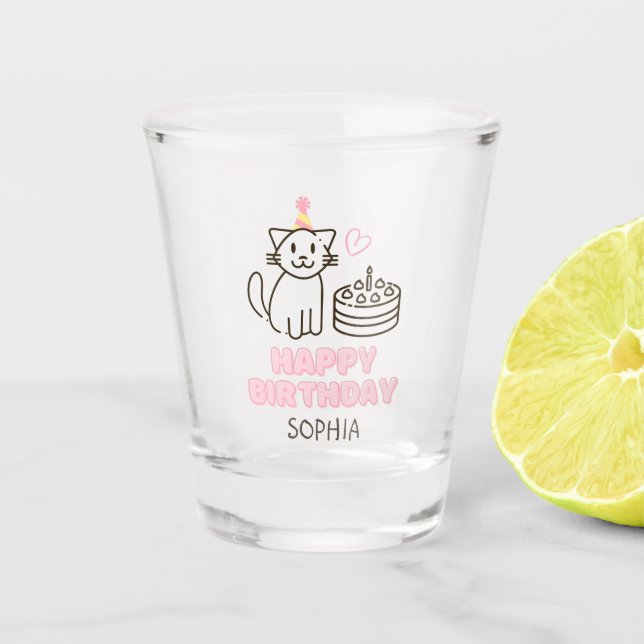 Adorable Cat in a Birthday Hat Shot Glass (Front)