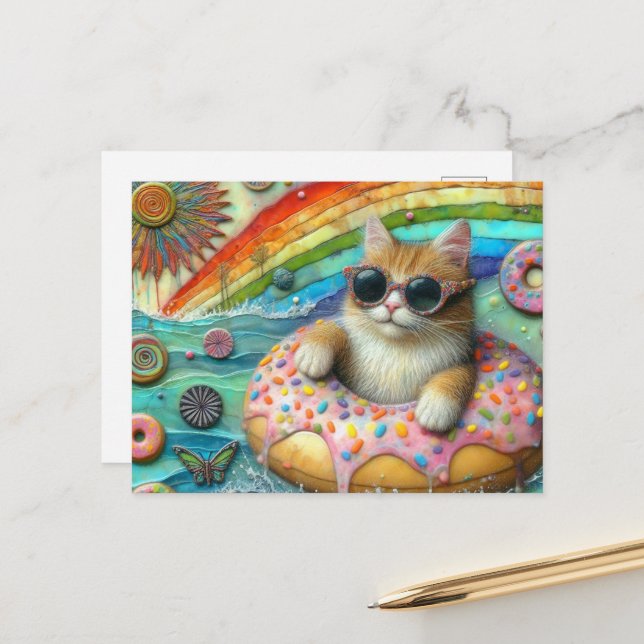 Adorable Cat in a Doughnut at the Lake Postcard (Front/Back In Situ)