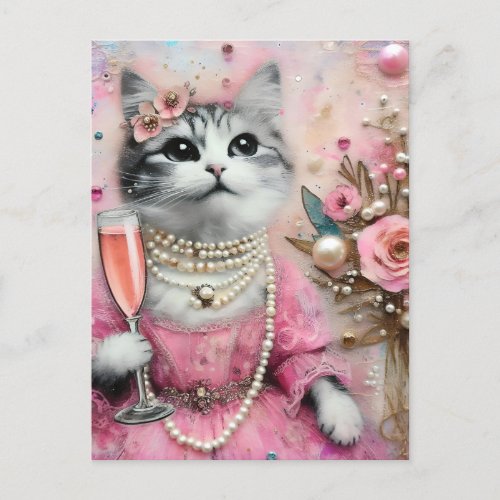 Adorable Cat in a Pink Dress With Pearls  Postcard