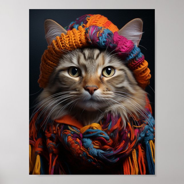 Adorable Cat in a Scarf and Hat Poster (Front)