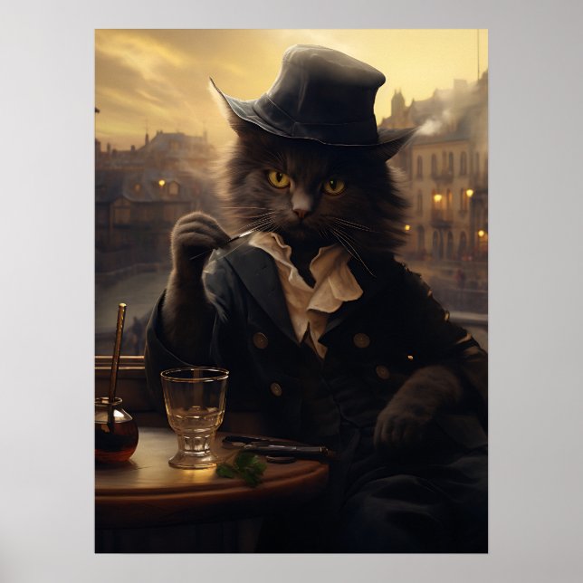 Adorable Cat In A Suit Sipping A Drink In Paris Poster (Front)