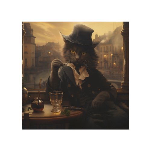 Adorable Cat In A Suit Sipping A Drink In Paris Wood Wall Art