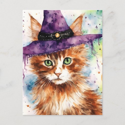 Adorable Cat in a Witch Hat Watercolor Postcard