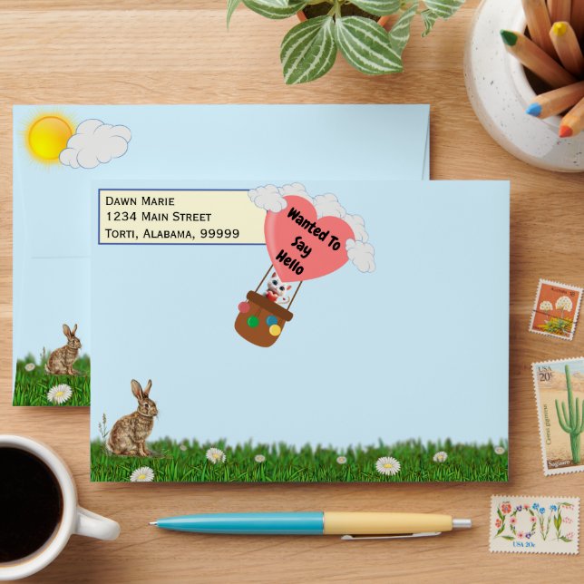 Adorable Cat in Balloon Personalized Envelopes (Desk)