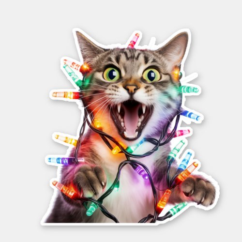 Adorable Cat in Christmas Tree Lights Holiday  Sticker