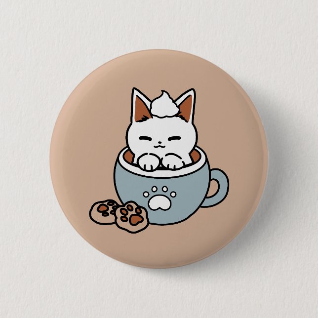Adorable Cat in Mug Holiday Design - Cat & Cocoa Button (Front)