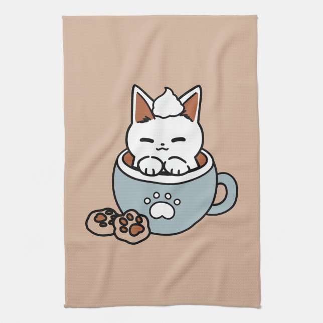 Adorable Cat in Mug Holiday Design - Cat & Cocoa Kitchen Towel (Vertical)