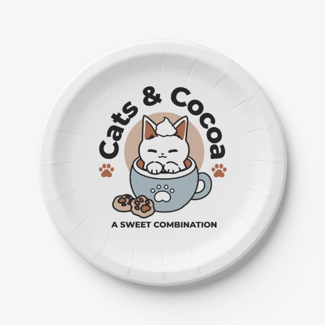 Adorable Cat in Mug Holiday Design - Cat & Cocoa Paper Plates (Front)