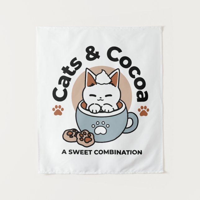 Adorable Cat in Mug Holiday Design - Cat & Cocoa Tapestry (Front)