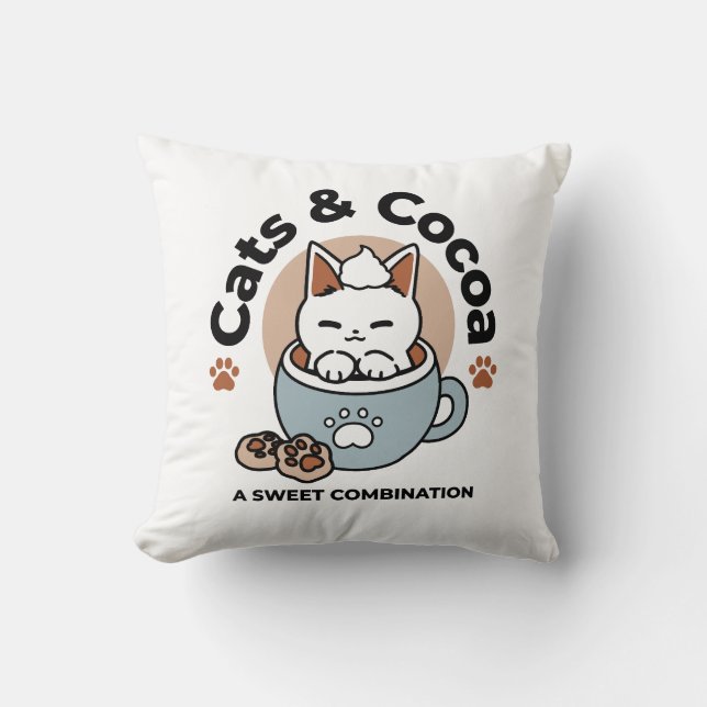 Adorable Cat in Mug Holiday Design - Cat & Cocoa Throw Pillow (Front)
