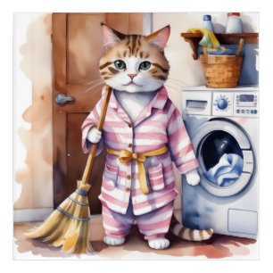 Adorable Cat in Pajamas Doing Laundry Funny Acrylic Print