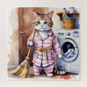 Adorable Cat in Pajamas Doing Laundry Funny Jigsaw Puzzle