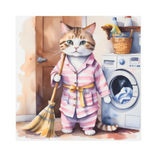 Adorable Cat in Pajamas Doing Laundry Funny Metal Print