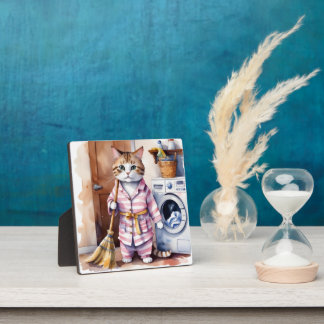 Adorable Cat in Pajamas Doing Laundry Funny Plaque