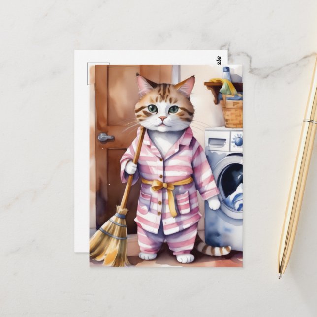 Adorable Cat in Pajamas Doing Laundry Funny  Postcard (Front/Back In Situ)