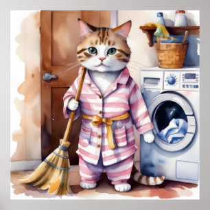 Adorable Cat in Pajamas Doing Laundry Funny Poster