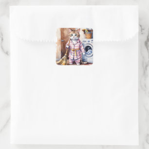 Adorable Cat in Pajamas Doing Laundry Funny  Square Sticker