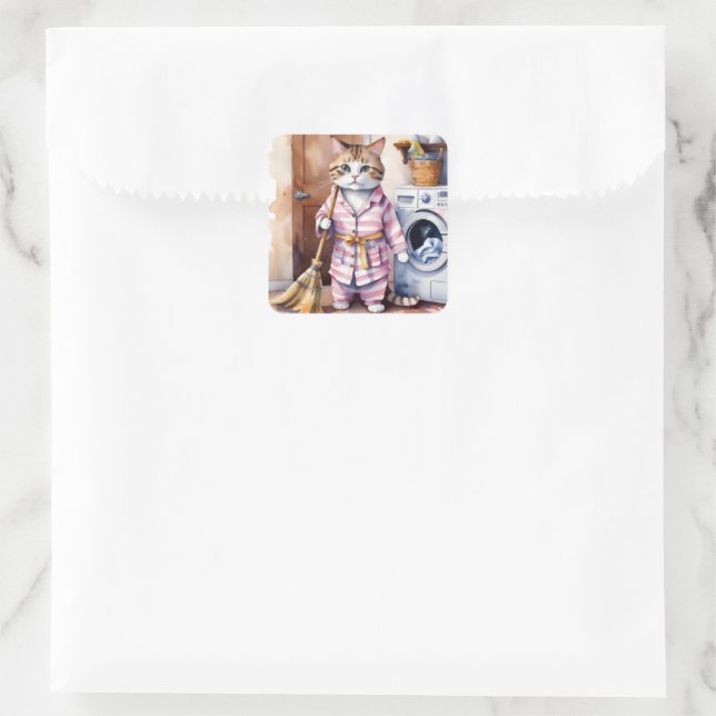 Adorable Cat in Pajamas Doing Laundry Funny  Square Sticker (Bag)